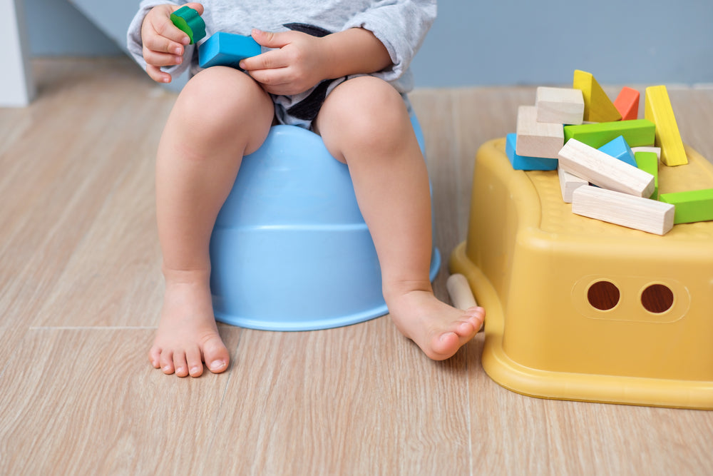 baby boy child sitting on potty playing with wooden blocks toy